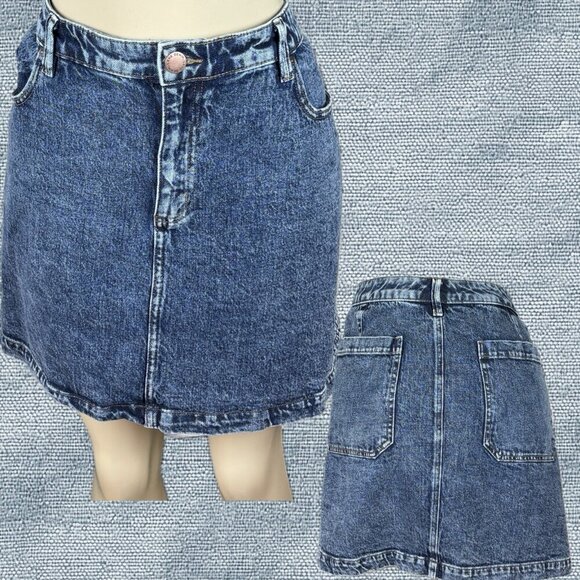 Lane Bryant + 22 Demin Blue Button Zip Seam Detail 5 Pocket Cotton Mini Skirt - Picture 1 of 6
